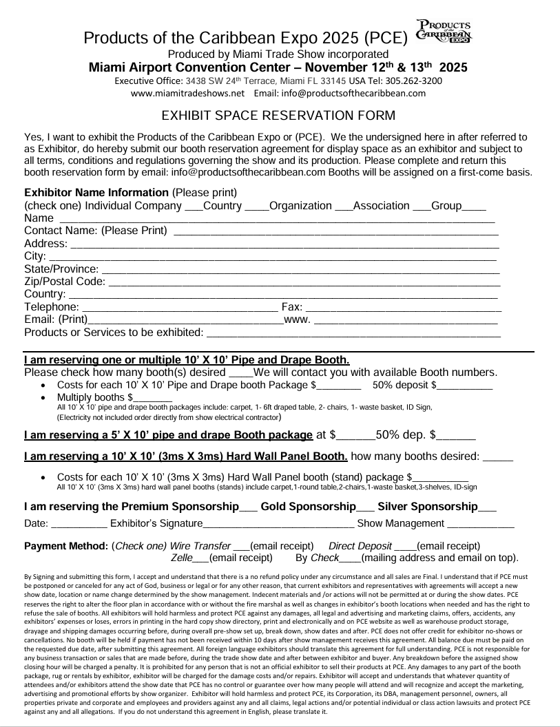 Products of the Caribbean Booth Reservation Form
